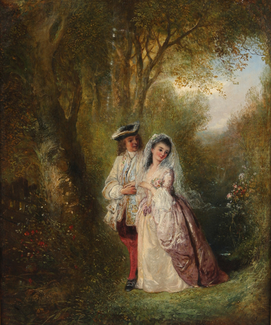 Henry Andrews (British, 1794-1868), ‘Courting Couple,’ oil on canvas, 18 1/4 x 14 inches, signed lower left. Estimate: $1,000-$1,500. Stefek’s Auctioneers & Appraisers.   